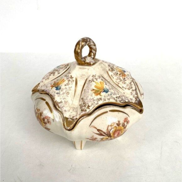 Vintage Porcelain Lidded Footed Powder Box Floral Gold Gilt Trinket Dish - Picture 7 of 10
